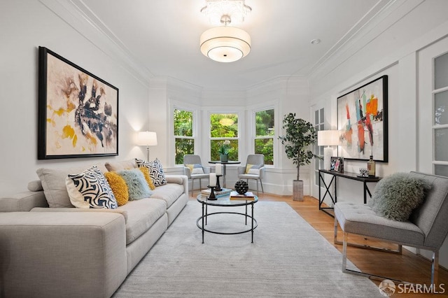 living room featuring light hardwood / wood-style floors and ornamental molding