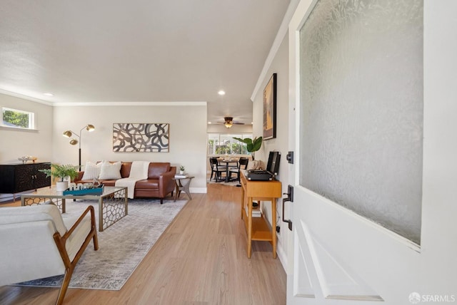 4649 Theta St, Fremont, CA 94536 - living room featuring light wood-style flooring, ornamental molding, recessed lighting, and a ceiling fan