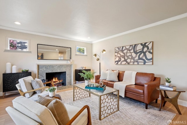 4649 Theta St, Fremont, CA 94536 - living area featuring wood finished floors, a high end fireplace, ornamental molding, and recessed lighting