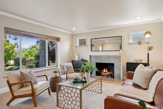 4649 Theta St, Fremont, CA 94536 - living room with a high end fireplace, healthy amount of natural light, crown molding, recessed lighting, and wood finished floors