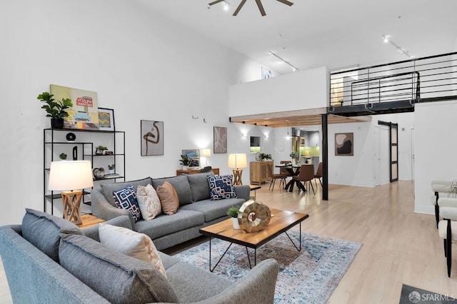 living room with rail lighting, light hardwood / wood-style floors, and a high ceiling