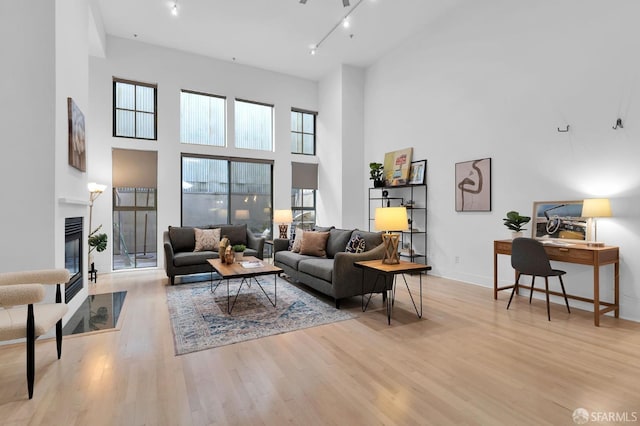 living room featuring rail lighting, a high ceiling, and light wood-type flooring