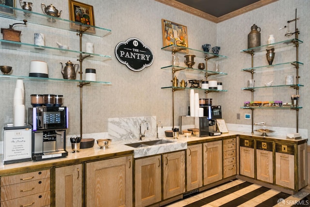 401 Harrison St Unit 25F, San Francisco, CA 94105 - bar featuring a sink, wallpapered walls, black microwave, and crown molding