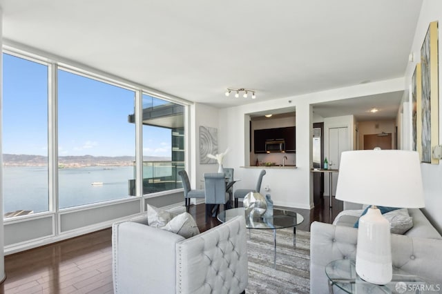 living room featuring hardwood / wood-style flooring and a water view