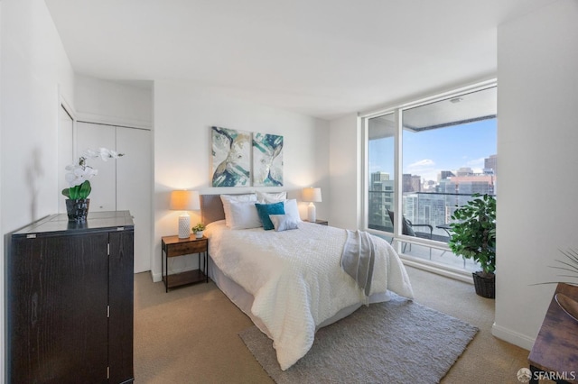 bedroom featuring a wall of windows and carpet flooring