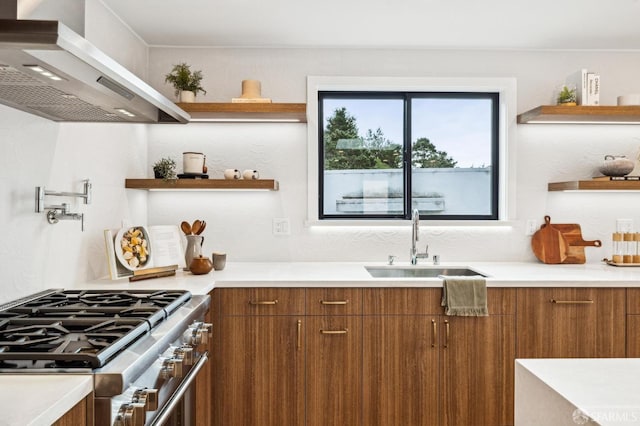 kitchen featuring high end stainless steel range, sink, and wall chimney range hood