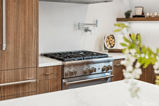 kitchen featuring exhaust hood and high end stove