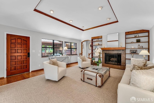 35 Ardilla Rd, Orinda, CA 94563 - living room with a fireplace, wood finished floors, recessed lighting, and a tray ceiling