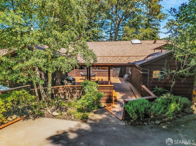 35 Ardilla Rd, Orinda, CA 94563 - rustic home featuring a deck, a shingled roof, and a patio