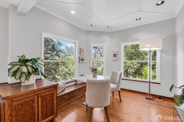 35 Ardilla Rd, Orinda, CA 94563 - dining space with healthy amount of natural light, light wood-style floors, ornamental molding, and recessed lighting