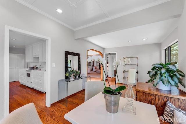 35 Ardilla Rd, Orinda, CA 94563 - dining room featuring wood finished floors, recessed lighting, and ornamental molding