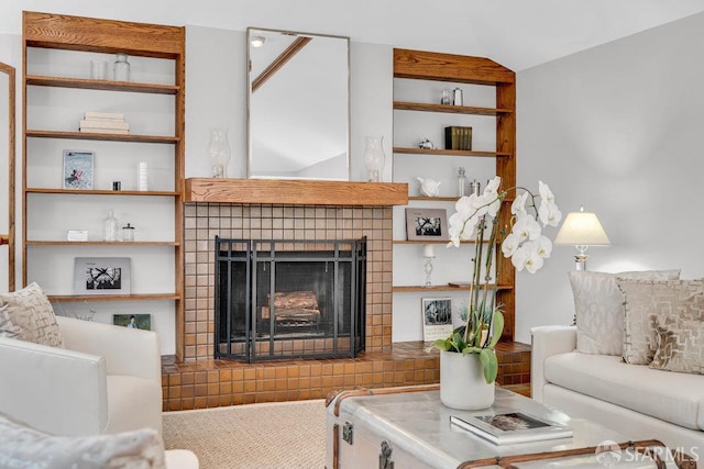 35 Ardilla Rd, Orinda, CA 94563 - living area featuring a fireplace and lofted ceiling