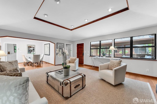35 Ardilla Rd, Orinda, CA 94563 - living room with a tray ceiling, recessed lighting, and wood finished floors