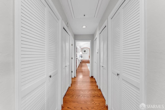 35 Ardilla Rd, Orinda, CA 94563 - corridor with attic access, light wood-type flooring, and recessed lighting