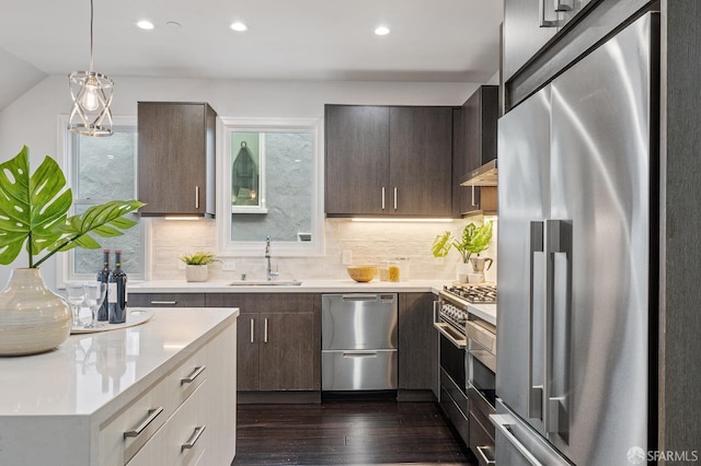 kitchen featuring high end appliances, plenty of natural light, sink, and dark hardwood / wood-style flooring