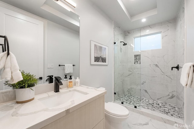 bathroom featuring tiled shower, vanity, toilet, and a raised ceiling