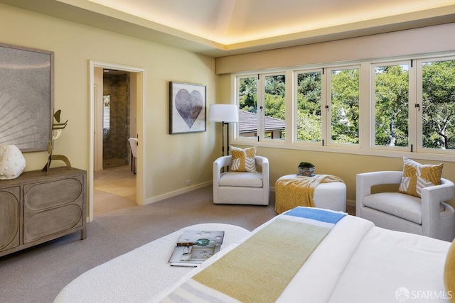 bedroom with ensuite bathroom, baseboards, and carpet flooring
