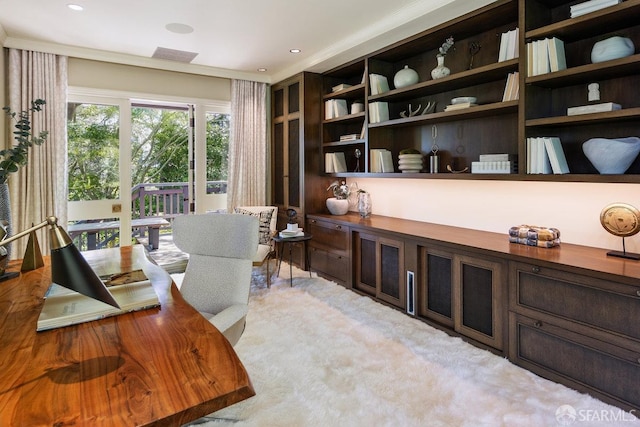 office area with crown molding and visible vents