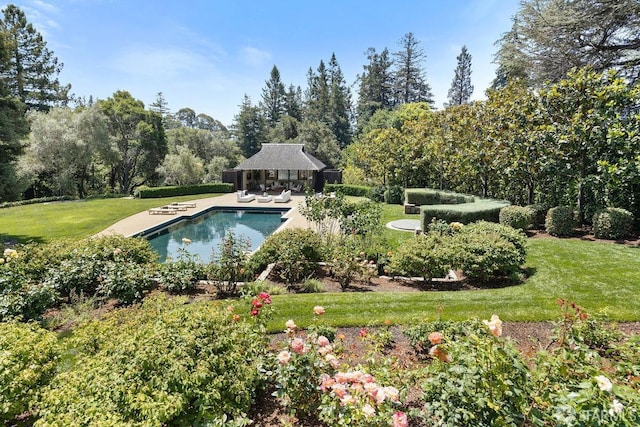 outdoor pool with a gazebo, a patio, and a lawn