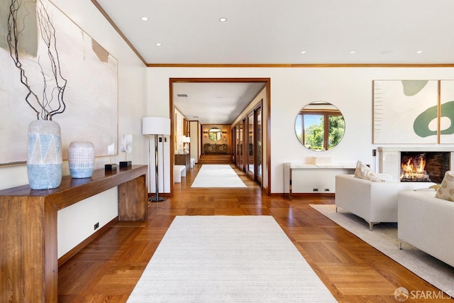 corridor featuring recessed lighting, baseboards, and ornamental molding