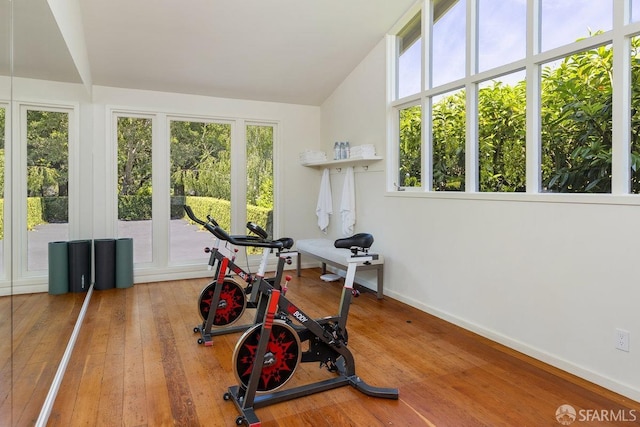 workout area featuring baseboards, hardwood / wood-style floors, and lofted ceiling