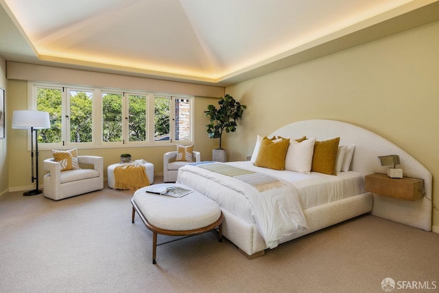bedroom featuring a tray ceiling and light colored carpet