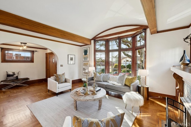 living room with parquet flooring and beam ceiling