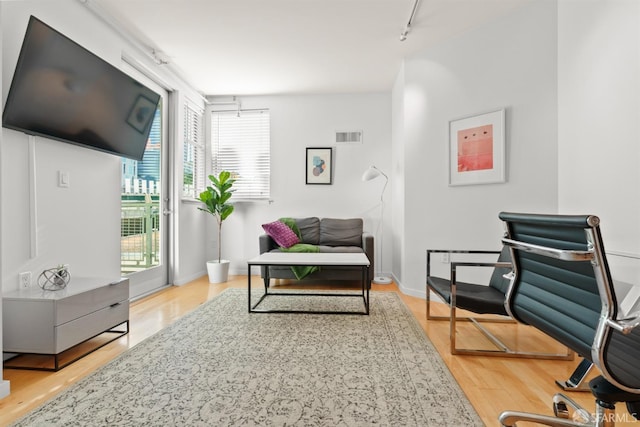 sitting room with rail lighting and light wood-type flooring