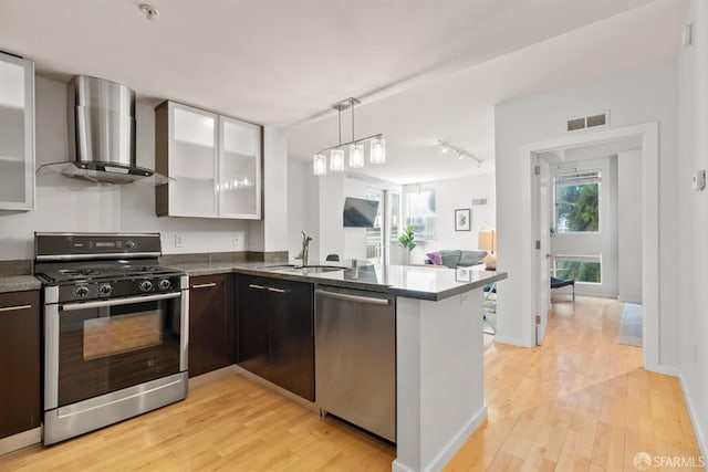 kitchen featuring sink, light hardwood / wood-style floors, wall chimney exhaust hood, dark brown cabinetry, and stainless steel appliances