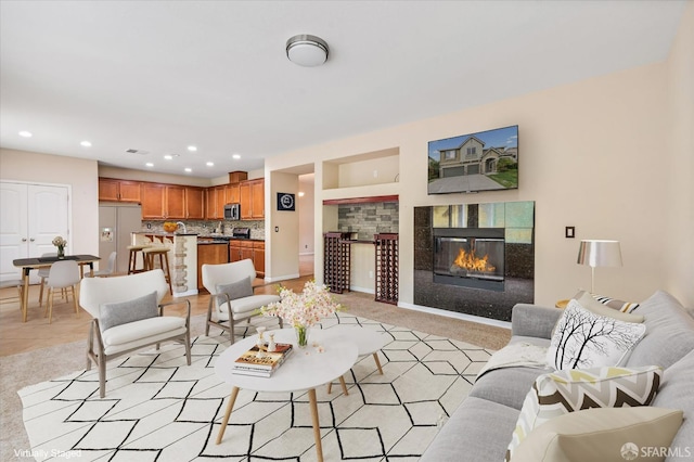 3642 Mallard Way, Antioch, CA 94509 - living area with recessed lighting, a tile fireplace, and light carpet