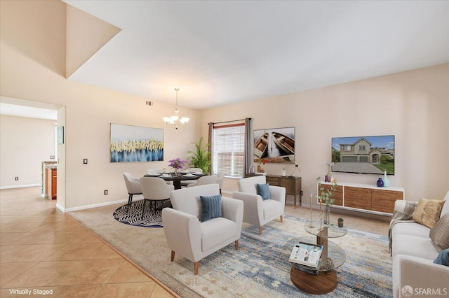 3642 Mallard Way, Antioch, CA 94509 - living area featuring visible vents, baseboards, a notable chandelier, and light tile patterned flooring