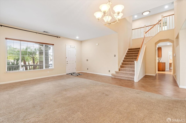 3642 Mallard Way, Antioch, CA 94509 - unfurnished living room with stairway, light carpet, light tile patterned floors, baseboards, and a notable chandelier