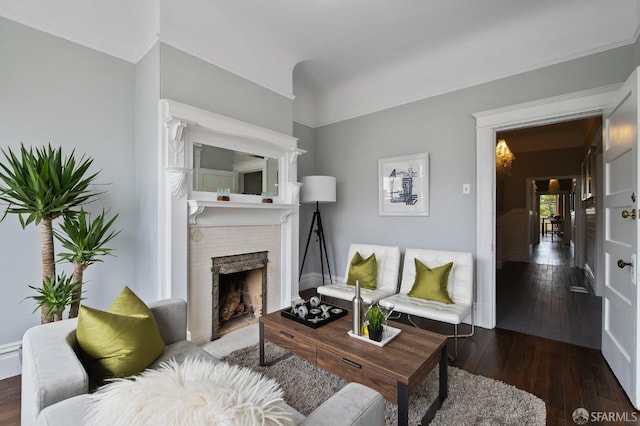 living room with a fireplace and dark hardwood / wood-style floors