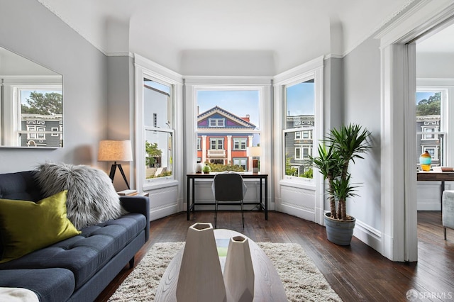 sitting room with dark wood-type flooring