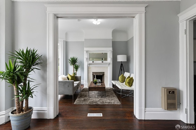 living area with heating unit, dark hardwood / wood-style floors, and a brick fireplace