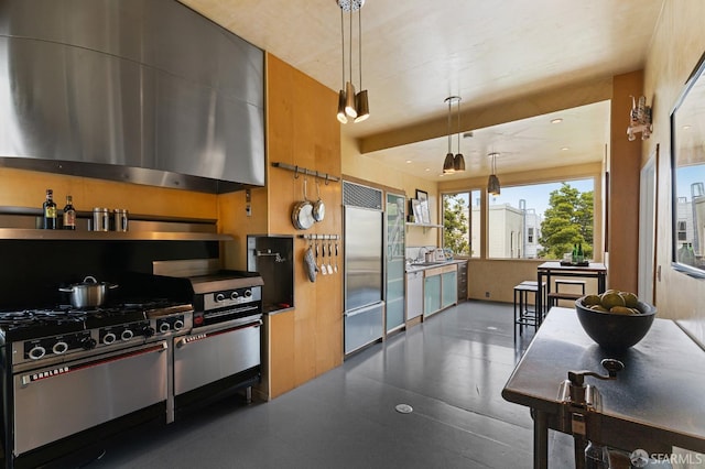 kitchen featuring ventilation hood, decorative light fixtures, high quality appliances, and sink