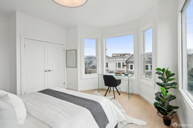 bedroom with light hardwood / wood-style floors and multiple windows