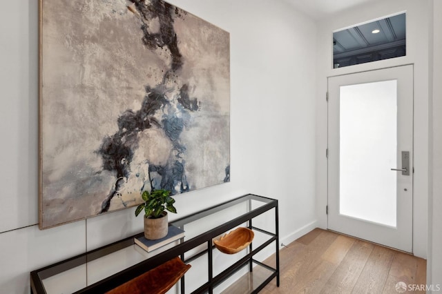 foyer entrance with light hardwood / wood-style flooring