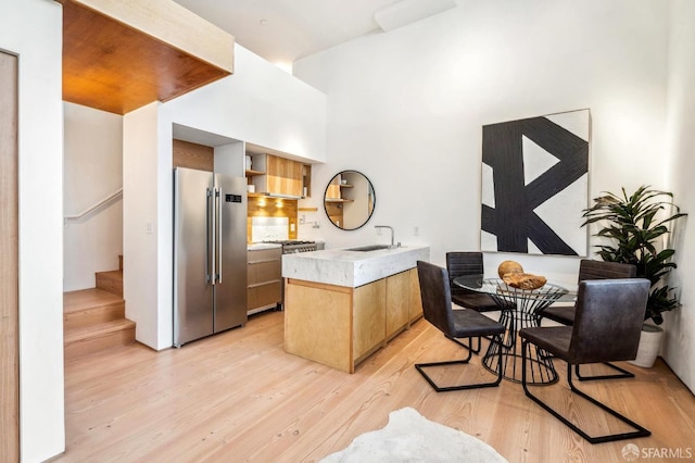 kitchen with light hardwood / wood-style floors, kitchen peninsula, sink, and high end appliances