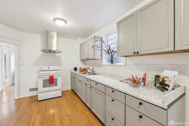 1527 Palou Ave, San Francisco, CA 94124 - kitchen with wall chimney range hood, white electric range oven, gray cabinetry, a sink, and decorative backsplash