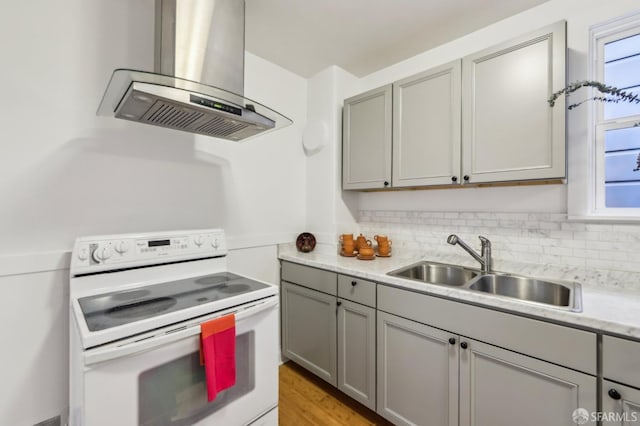 1527 Palou Ave, San Francisco, CA 94124 - kitchen with white electric range oven, island exhaust hood, gray cabinets, and a sink