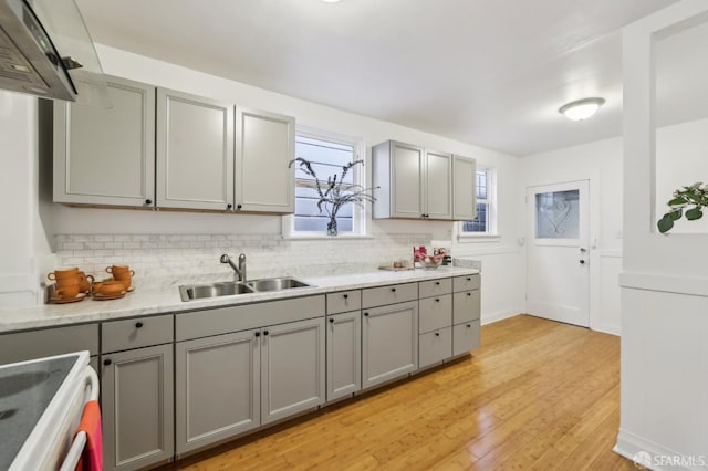 1527 Palou Ave, San Francisco, CA 94124 - kitchen with gray cabinetry, a sink, light wood finished floors, and backsplash