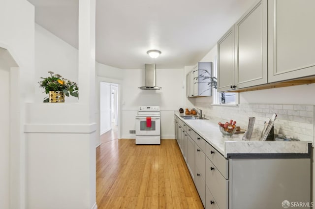 1527 Palou Ave, San Francisco, CA 94124 - kitchen with electric stove, a sink, wall chimney range hood, gray cabinets, and backsplash