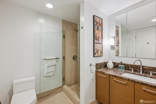 301 Mission St Unit 6J, San Francisco, CA 94105 - full bathroom with vanity, a tile shower, recessed lighting, and tile patterned flooring