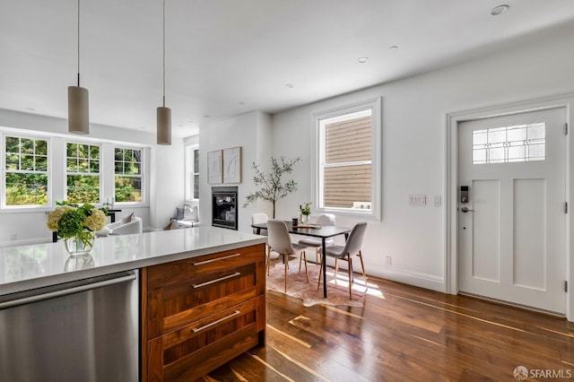 2486 Fulton St, San Francisco, CA 94118 - kitchen featuring stainless steel dishwasher, dark wood-style flooring, a glass covered fireplace, light countertops, and pendant lighting