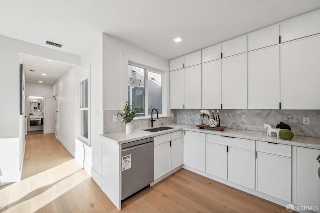 31 Romolo Pl Unit 6, San Francisco, CA 94133 - kitchen featuring dishwasher, light countertops, decorative backsplash, light wood-style floors, and a sink