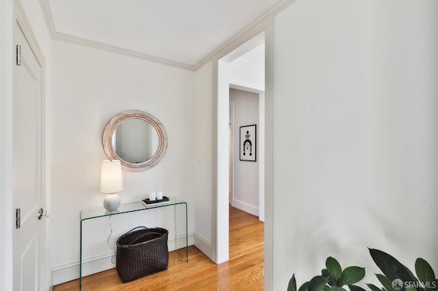 corridor featuring light wood-type flooring and ornamental molding