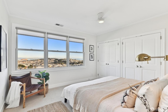 carpeted bedroom with ceiling fan, crown molding, and multiple closets