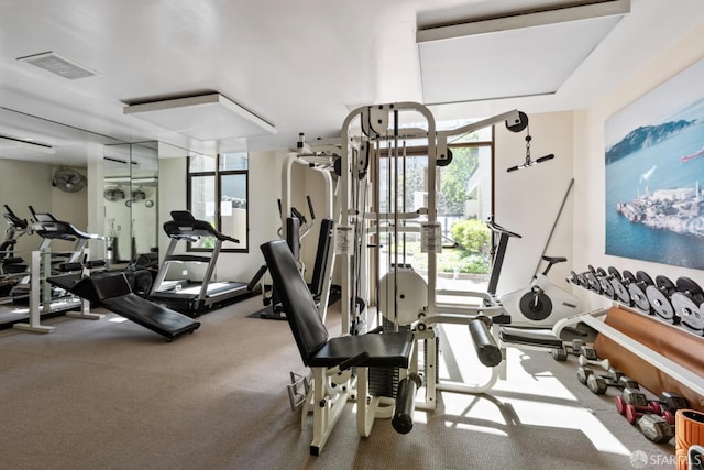 workout area with carpet floors and visible vents