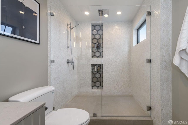 bathroom with a shower stall, toilet, and vanity